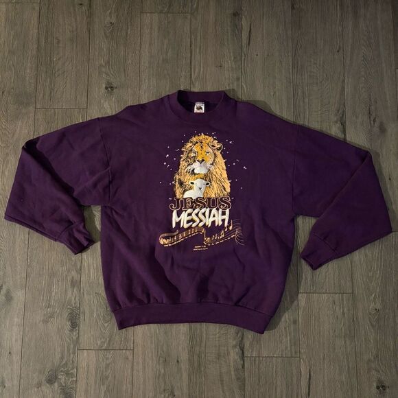 Vintage Jesus Messiah 1988 Purple Sweatshirt Crewneck Size XL Lion & the‎ Lamb - Picture 1 of 3